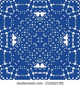 Ethnic ceramic tile in portuguese azulejo. Vector seamless pattern frame. Stylish design. Blue vintage ornament for surface texture, towels, pillows, wallpaper, print, web background.