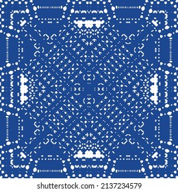 Ethnic ceramic tile in portuguese azulejo. Vector seamless pattern frame. Stylish design. Blue vintage ornament for surface texture, towels, pillows, wallpaper, print, web background.