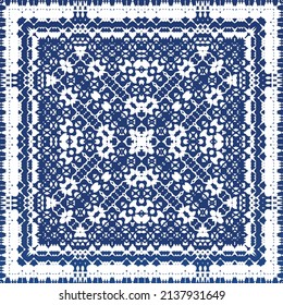 Ethnic ceramic tile in portuguese azulejo. Universal design. Vector seamless pattern poster. Blue vintage ornament for surface texture, towels, pillows, wallpaper, print, web background.