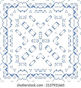 Ethnic ceramic tile in portuguese azulejo. Vector seamless pattern texture. Fashionable design. Blue vintage ornament for surface texture, towels, pillows, wallpaper, print, web background.