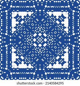 Ethnic ceramic tile in portuguese azulejo. Vector seamless pattern frame. Stylish design. Blue vintage ornament for surface texture, towels, pillows, wallpaper, print, web background.