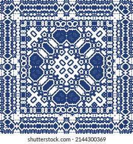 Ethnic ceramic tile in portuguese azulejo. Vector seamless pattern template. Creative design. Blue vintage ornament for surface texture, towels, pillows, wallpaper, print, web background.