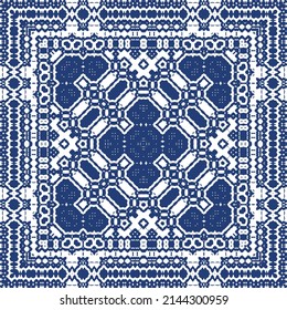 Ethnic ceramic tile in portuguese azulejo. Vector seamless pattern template. Creative design. Blue vintage ornament for surface texture, towels, pillows, wallpaper, print, web background.