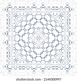Ethnic ceramic tile in portuguese azulejo. Universal design. Vector seamless pattern poster. Blue vintage ornament for surface texture, towels, pillows, wallpaper, print, web background.