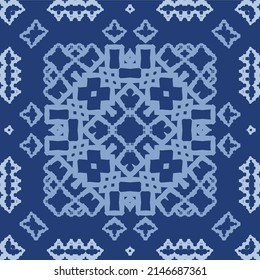 Ethnic ceramic tile in portuguese azulejo. Vector seamless pattern texture. Original design. Blue vintage ornament for surface texture, towels, pillows, wallpaper, print, web background.