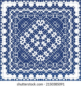 Ethnic ceramic tile in portuguese azulejo. Universal design. Vector seamless pattern poster. Blue vintage ornament for surface texture, towels, pillows, wallpaper, print, web background.