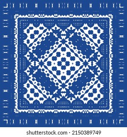 Ethnic ceramic tile in portuguese azulejo. Vector seamless pattern frame. Stylish design. Blue vintage ornament for surface texture, towels, pillows, wallpaper, print, web background.