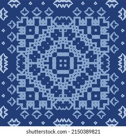 Ethnic ceramic tile in portuguese azulejo. Vector seamless pattern texture. Original design. Blue vintage ornament for surface texture, towels, pillows, wallpaper, print, web background.