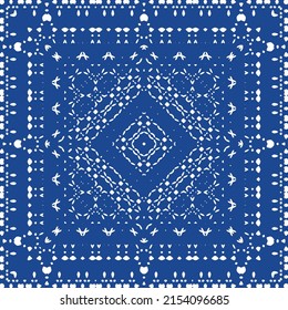 Ethnic ceramic tile in portuguese azulejo. Vector seamless pattern frame. Stylish design. Blue vintage ornament for surface texture, towels, pillows, wallpaper, print, web background.