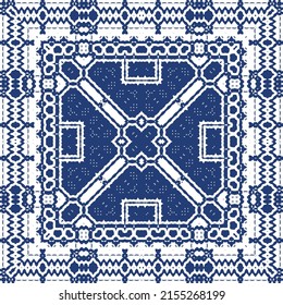 Ethnic ceramic tile in portuguese azulejo. Vector seamless pattern template. Creative design. Blue vintage ornament for surface texture, towels, pillows, wallpaper, print, web background.