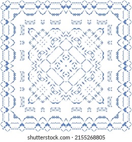 Ethnic ceramic tile in portuguese azulejo. Vector seamless pattern texture. Fashionable design. Blue vintage ornament for surface texture, towels, pillows, wallpaper, print, web background.