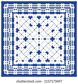 Ethnic ceramic tile in portuguese azulejo. Universal design. Vector seamless pattern illustration. Blue vintage ornament for surface texture, towels, pillows, wallpaper, print, web background.