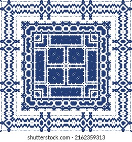 Ethnic ceramic tile in portuguese azulejo. Vector seamless pattern template. Creative design. Blue vintage ornament for surface texture, towels, pillows, wallpaper, print, web background.