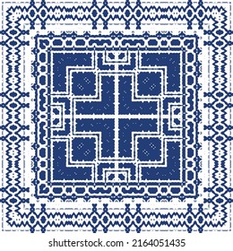 Ethnic ceramic tile in portuguese azulejo. Vector seamless pattern template. Creative design. Blue vintage ornament for surface texture, towels, pillows, wallpaper, print, web background.