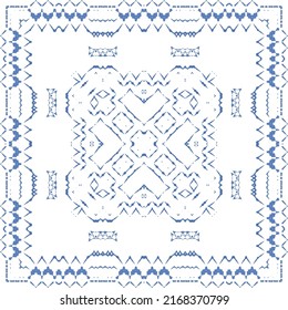 Ethnic ceramic tile in portuguese azulejo. Vector seamless pattern texture. Fashionable design. Blue vintage ornament for surface texture, towels, pillows, wallpaper, print, web background.