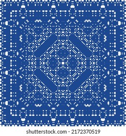 Ethnic ceramic tile in portuguese azulejo. Vector seamless pattern frame. Stylish design. Blue vintage ornament for surface texture, towels, pillows, wallpaper, print, web background.