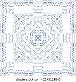 Ethnic ceramic tile in portuguese azulejo. Vector seamless pattern texture. Fashionable design. Blue vintage ornament for surface texture, towels, pillows, wallpaper, print, web background.