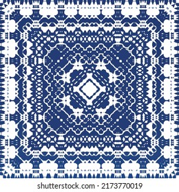 Ethnic ceramic tile in portuguese azulejo. Universal design. Vector seamless pattern poster. Blue vintage ornament for surface texture, towels, pillows, wallpaper, print, web background.