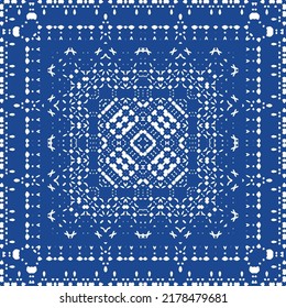 Ethnic ceramic tile in portuguese azulejo. Vector seamless pattern frame. Stylish design. Blue vintage ornament for surface texture, towels, pillows, wallpaper, print, web background.