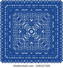 Ethnic ceramic tile in portuguese azulejo. Vector seamless pattern frame. Stylish design. Blue vintage ornament for surface texture, towels, pillows, wallpaper, print, web background.