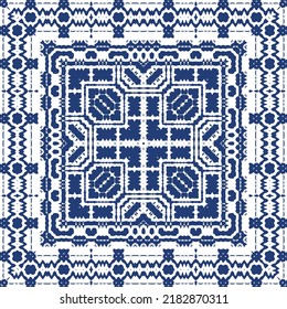 Ethnic ceramic tile in portuguese azulejo. Vector seamless pattern template. Creative design. Blue vintage ornament for surface texture, towels, pillows, wallpaper, print, web background.