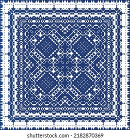 Ethnic ceramic tile in portuguese azulejo. Universal design. Vector seamless pattern poster. Blue vintage ornament for surface texture, towels, pillows, wallpaper, print, web background.
