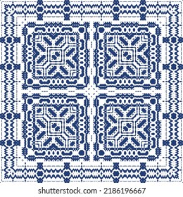 Ethnic ceramic tile in portuguese azulejo. Vector seamless pattern template. Creative design. Blue vintage ornament for surface texture, towels, pillows, wallpaper, print, web background.