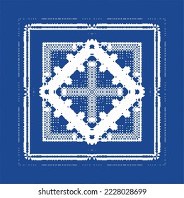 Ethnic ceramic tile in portuguese azulejo. Vector seamless pattern frame. Stylish design. Blue vintage ornament for surface texture, towels, pillows, wallpaper, print, web background.