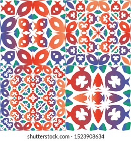 Ethnic ceramic tiles in mexican talavera. Kit of vector seamless patterns. Universal design. Red vintage ornaments for surface texture, towels, pillows, wallpaper, print, web background.