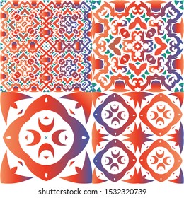 Ethnic ceramic tiles in mexican talavera. Kit of vector seamless patterns. Bathroom design. Red vintage ornaments for surface texture, towels, pillows, wallpaper, print, web background.