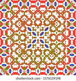 Ethnic ceramic tiles in mexican talavera. Colored design. Collection of vector seamless patterns. Red vintage ornaments for surface texture, towels, pillows, wallpaper, print, web background.