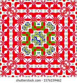 Ethnic ceramic tiles in mexican talavera. Colored design. Collection of vector seamless patterns. Red vintage ornaments for surface texture, towels, pillows, wallpaper, print, web background.