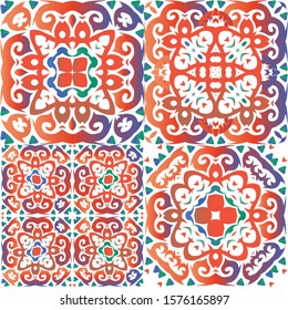 Ethnic ceramic tiles in mexican talavera. Fashionable design. Kit of vector seamless patterns. Red vintage ornaments for surface texture, towels, pillows, wallpaper, print, web background.