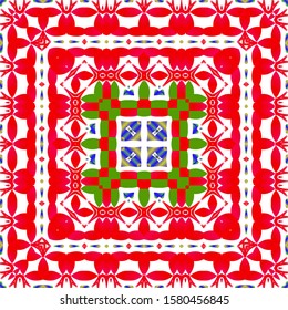 Ethnic ceramic tiles in mexican talavera. Colored design. Collection of vector seamless patterns. Red vintage ornaments for surface texture, towels, pillows, wallpaper, print, web background.