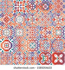 Ethnic ceramic tiles in mexican talavera. Modern design. Kit of vector seamless patterns. Red vintage ornaments for surface texture, towels, pillows, wallpaper, print, web background.