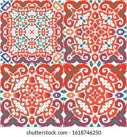 Ethnic ceramic tiles in mexican talavera. Collection of vector seamless patterns. Hand drawn design. Red vintage ornaments for surface texture, towels, pillows, wallpaper, print, web background.