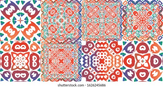 Ethnic ceramic tiles in mexican talavera. Set of vector seamless patterns. Hand drawn design. Red vintage ornaments for surface texture, towels, pillows, wallpaper, print, web background.