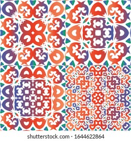 Ethnic ceramic tiles in mexican talavera. Graphic design. Collection of vector seamless patterns. Red vintage ornaments for surface texture, towels, pillows, wallpaper, print, web background.