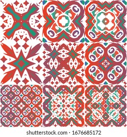 Ethnic ceramic tiles in mexican talavera. Graphic design. Collection of vector seamless patterns. Red vintage ornaments for surface texture, towels, pillows, wallpaper, print, web background.