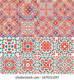 Ethnic ceramic tiles in mexican talavera. Geometric design. Kit of vector seamless patterns. Red vintage ornaments for surface texture, towels, pillows, wallpaper, print, web background.