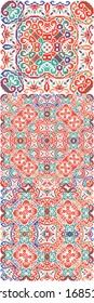 Ethnic ceramic tiles in mexican talavera. Hand drawn design. Kit of vector seamless patterns. Red vintage ornaments for surface texture, towels, pillows, wallpaper, print, web background.