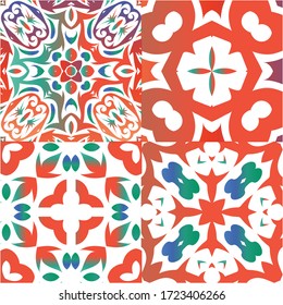 Ethnic ceramic tiles in mexican talavera. Kit of vector seamless patterns. Modern design. Red vintage ornaments for surface texture, towels, pillows, wallpaper, print, web background.