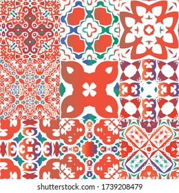 Ethnic ceramic tiles in mexican talavera. Kit of vector seamless patterns. Modern design. Red vintage ornaments for surface texture, towels, pillows, wallpaper, print, web background.