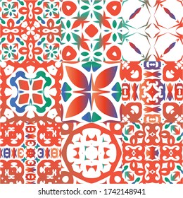 Ethnic ceramic tiles in mexican talavera. Geometric design. Set of vector seamless patterns. Red vintage ornaments for surface texture, towels, pillows, wallpaper, print, web background.