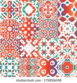 Ethnic ceramic tiles in mexican talavera. Collection of vector seamless patterns. Kitchen design. Red vintage ornaments for surface texture, towels, pillows, wallpaper, print, web background.