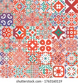 Ethnic ceramic tiles in mexican talavera. Graphic design. Collection of vector seamless patterns. Red vintage ornaments for surface texture, towels, pillows, wallpaper, print, web background.