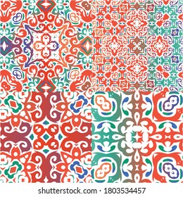 Ethnic ceramic tiles in mexican talavera. Kit of vector seamless patterns. Original design. Red vintage ornaments for surface texture, towels, pillows, wallpaper, print, web background.