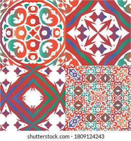 Ethnic ceramic tiles in mexican talavera. Hand drawn design. Kit of vector seamless patterns. Red vintage ornaments for surface texture, towels, pillows, wallpaper, print, web background.