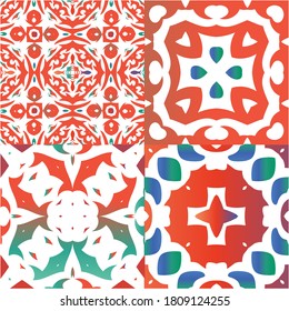 Ethnic ceramic tiles in mexican talavera. Collection of vector seamless patterns. Kitchen design. Red vintage ornaments for surface texture, towels, pillows, wallpaper, print, web background.