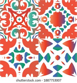 Ethnic ceramic tiles in mexican talavera. Kit of vector seamless patterns. Original design. Red vintage ornaments for surface texture, towels, pillows, wallpaper, print, web background.